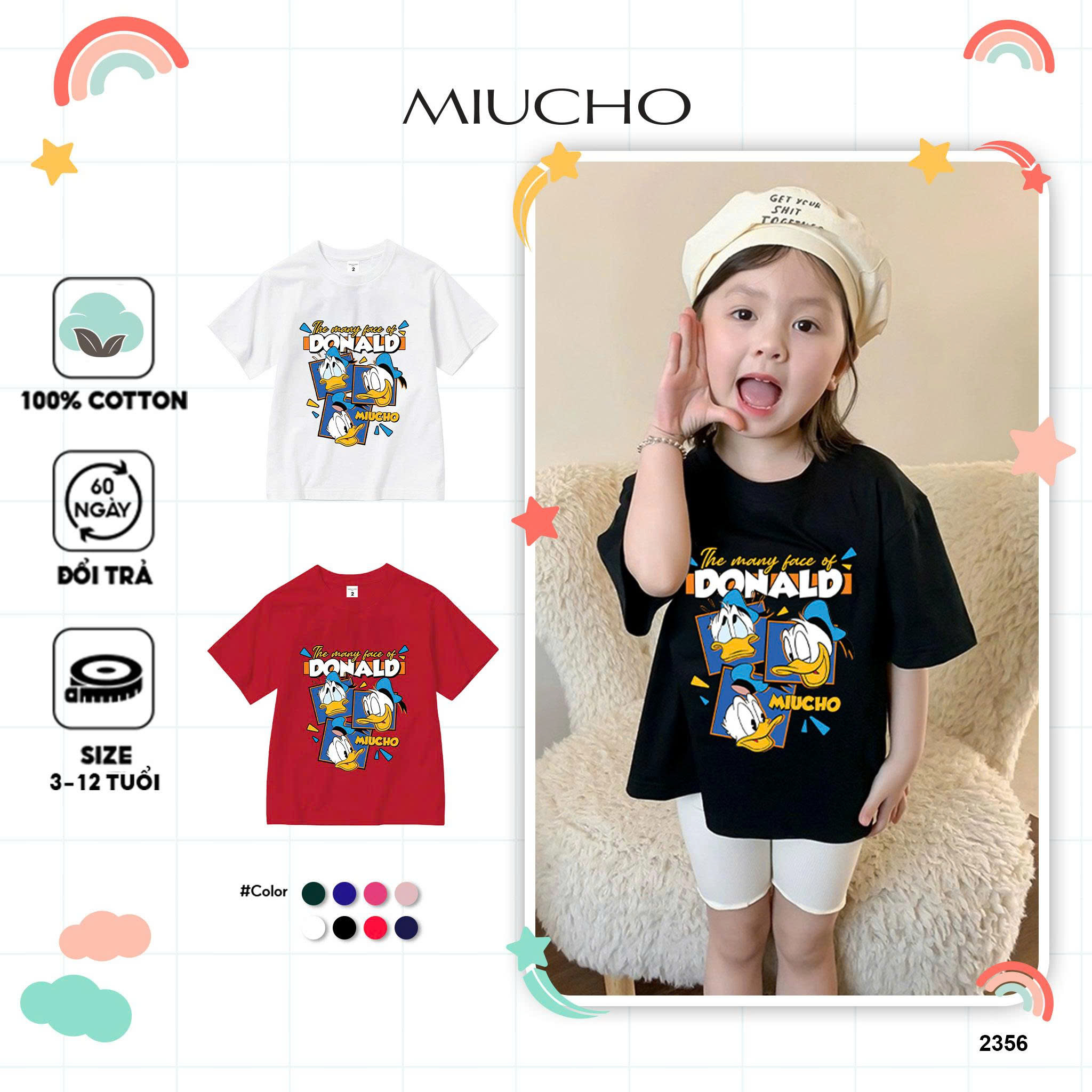 Áo thun form rộng cho bé AED2356 Miucho Kid vải cotton co giãn thoáng mát cổ tròn in mix