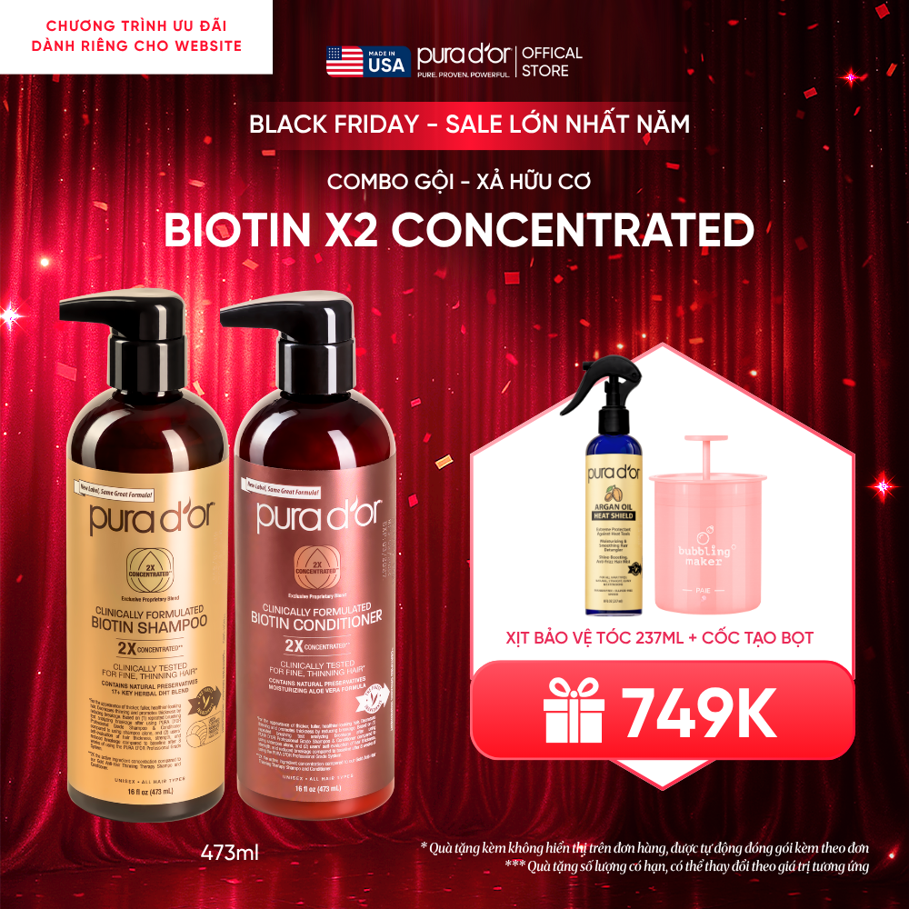 Combo Gội - Xả Pura D'or Biotin X2 Concentrated Giúp Tóc Dày, Khỏe Mạnh và Sáng Bóng Hơn 473ml
