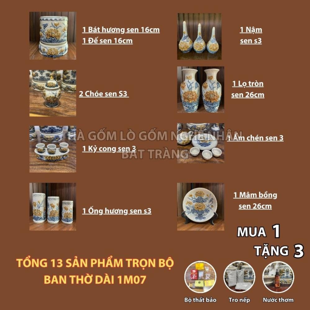 HG042 Đồ Thờ Cúng Bộ 13 món ban thờ 1M07 men rạn nổi nghệ nhân Bát Tràng chế tác TẶNG Thất Bảo, Tro Nếp_thumbnail_1