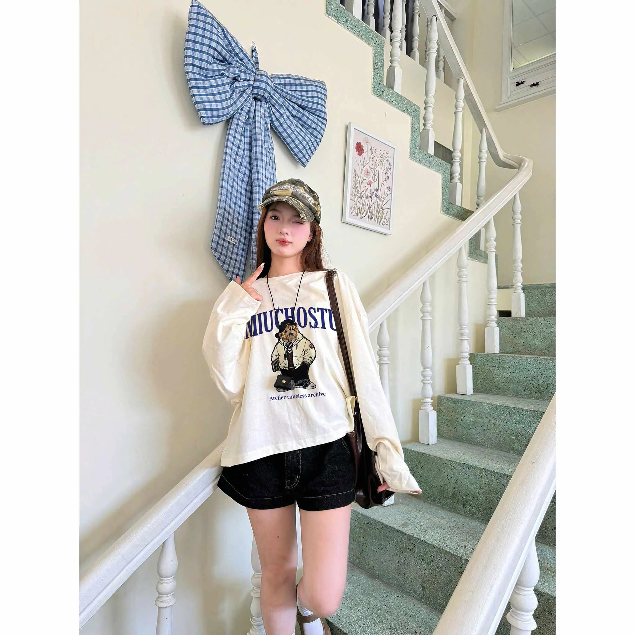 Áo thun boxy tay dài Miucho cotton thoáng mát dày dặn cổ tròn chú gấu đáng yêu in mix 2660_thumbnail_5