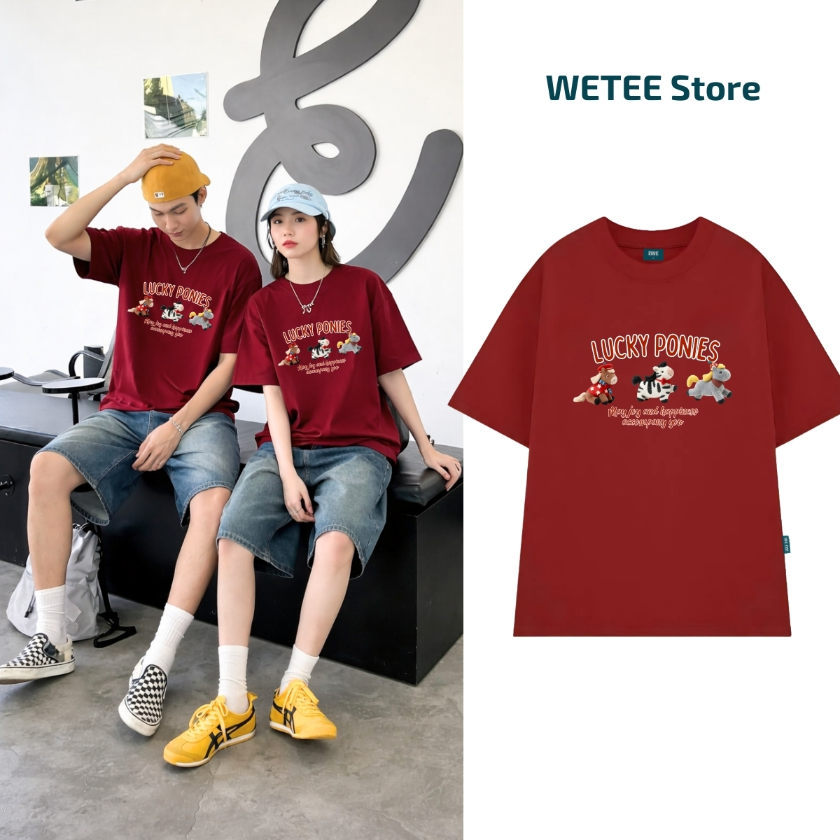 Áo thun Tết 2026 hình 3 chú ngựa Lucky Ponies dáng oversized rộng nam nữ Local brand WE TEE - WU1122