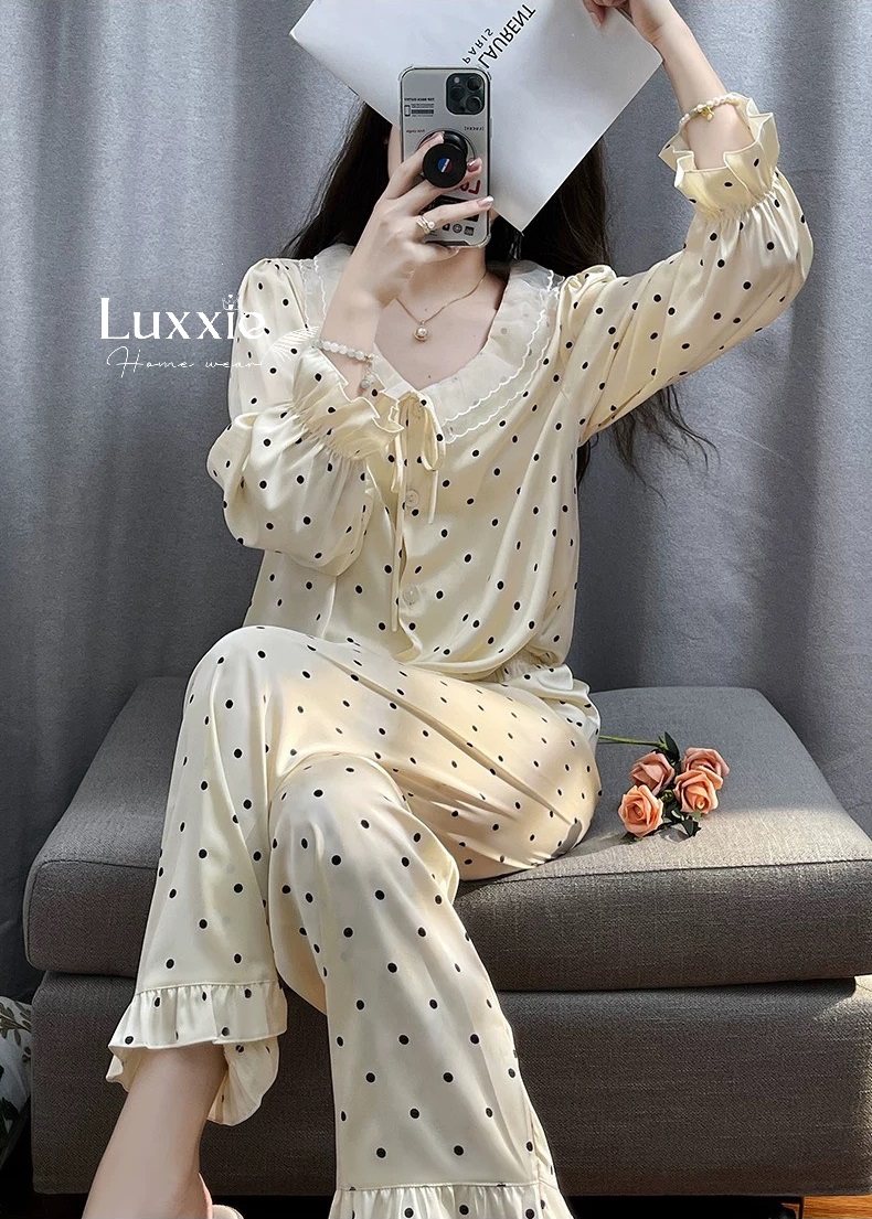 N77 Pijama lụa chấm bi cổ ren bèo tiểu thư_thumbnail_3
