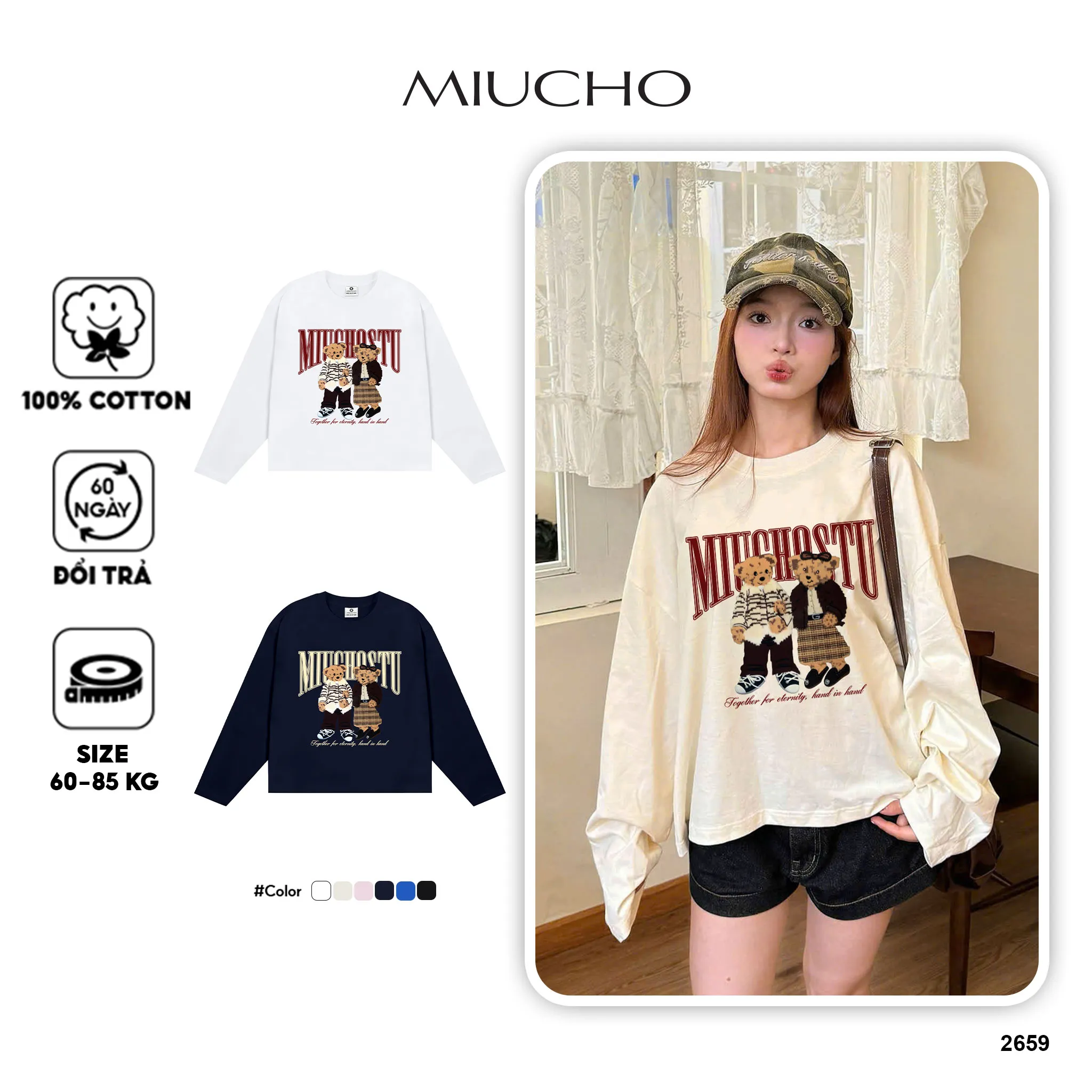 Áo thun boxy tay dài Miucho cotton co giãn 2 chiều dày dặn thoáng mát cổ tròn cặp đôi gấu bông in mix 2659