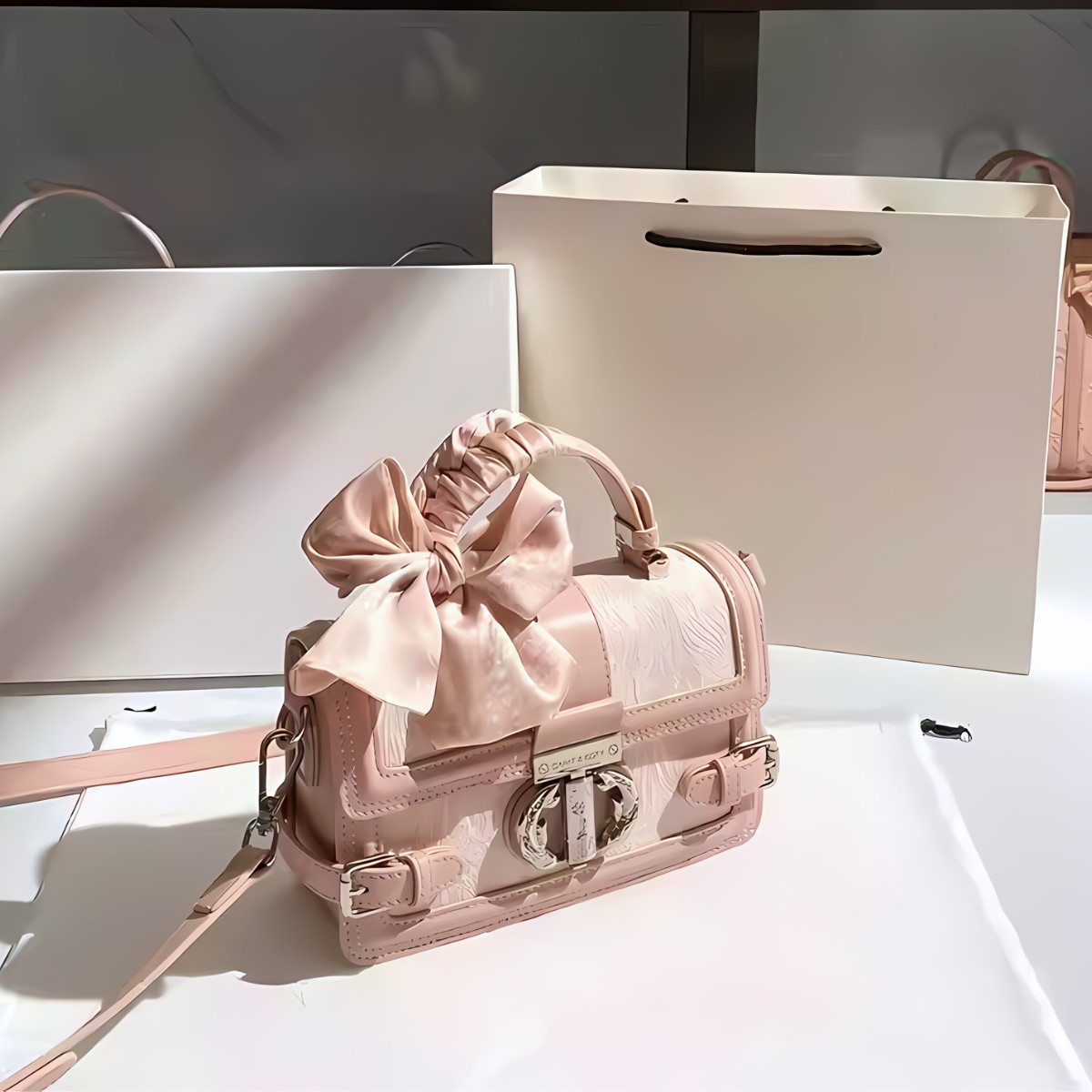 UHE_2522 – Túi xách LUMINA tặng khăn lụa | Da thêu hoa – 2 màu Hồng phấn & Xám bạc_thumbnail_3