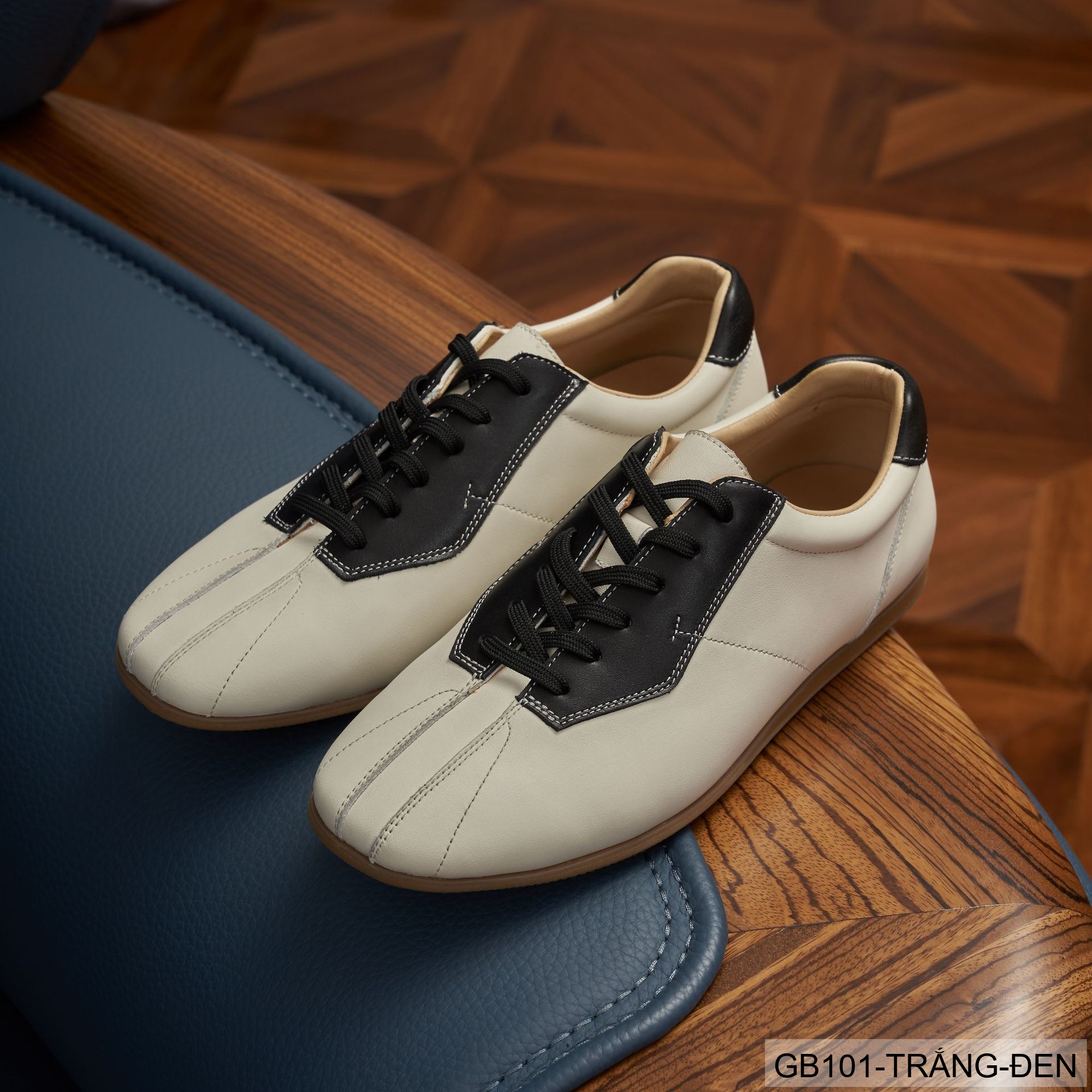 GB101 - Giày thể thao nam phối màu trắng đen và trắng cà phê, đế cao su êm chân, phong cách casual