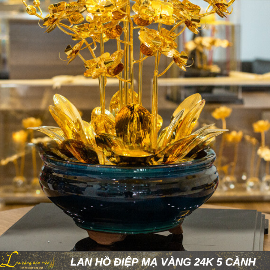 HOA LAN ĐỒNG MẠ VÀNG 24K CHẬU GỐM XANH DÁNG ĐỨNG 5 CÀNH_thumbnail_3