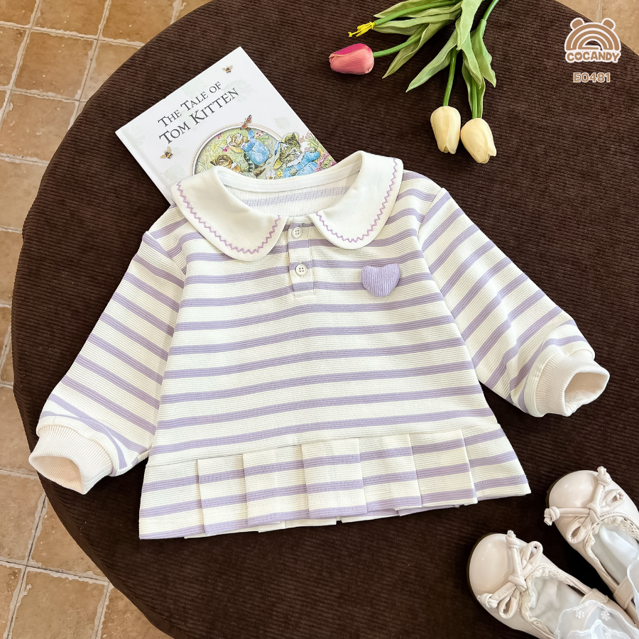 Áo dài TÍM kẻ BE cổ sen phối gấu xếp ly_thumbnail_1