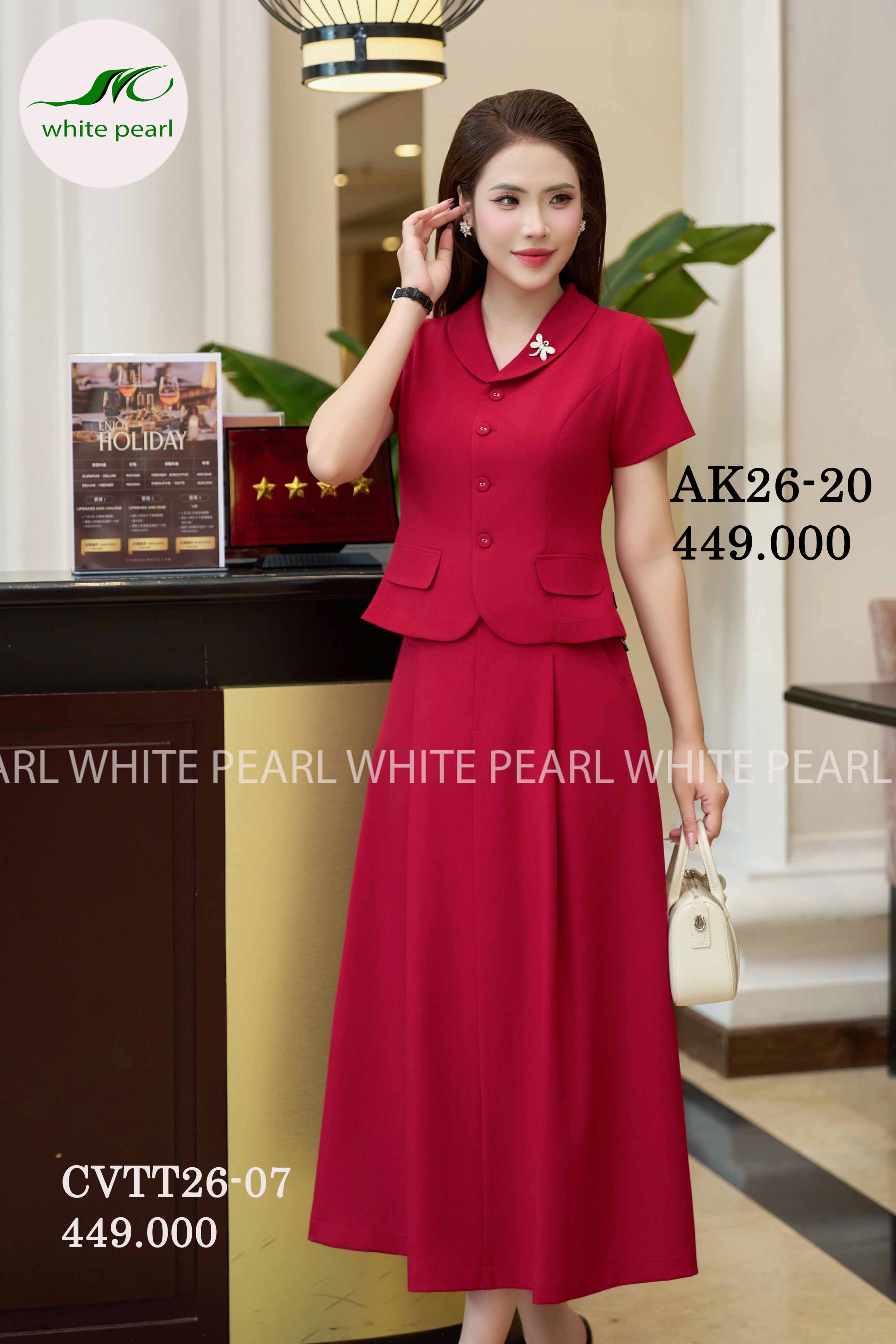 SET AK26-20 Áo ký giả cổ tròn kết hợp Chân váy thời trang CVTT26-07 Thời trang công sở cao cấp White Pearl