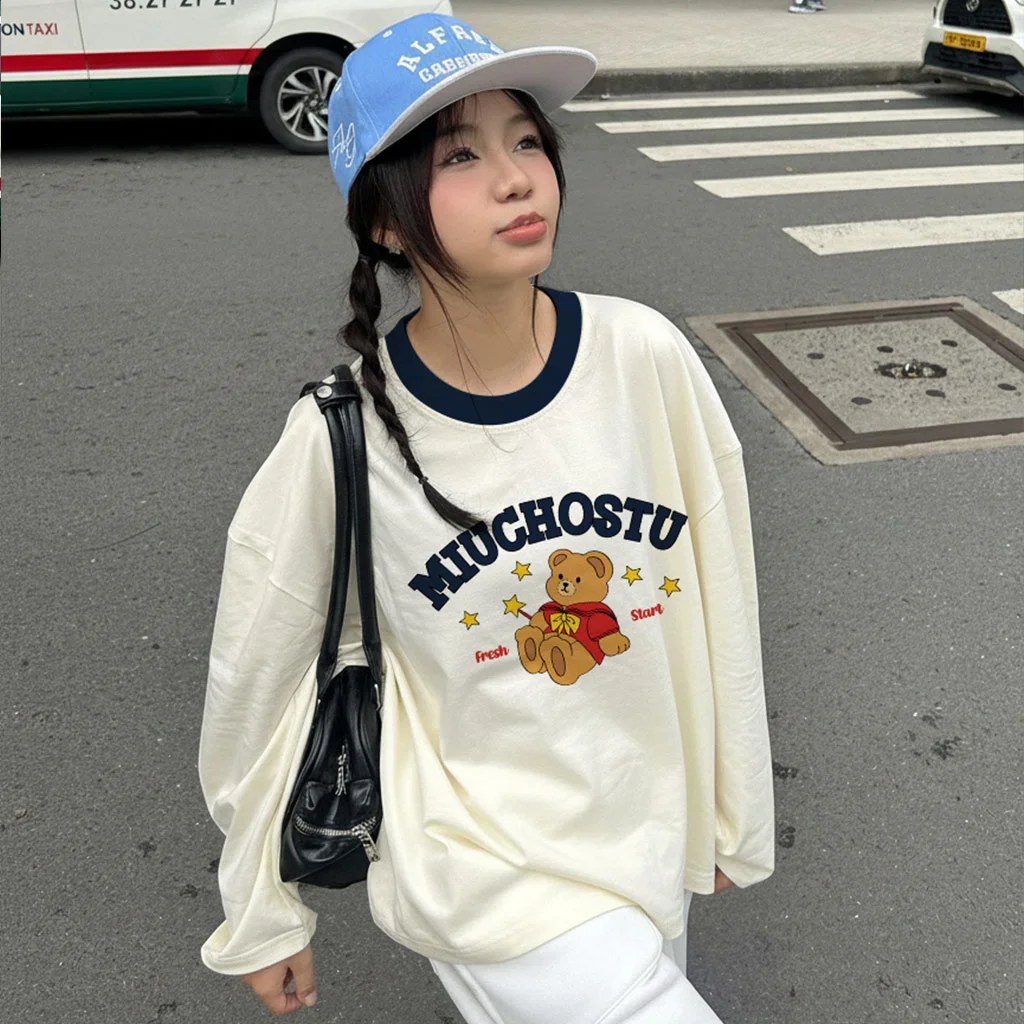 Áo thun Tết Bính Ngọ boxy tay dài phối cổ Gấu Teddy dễ thương Miucho vải thoáng mát 3012_thumbnail_2