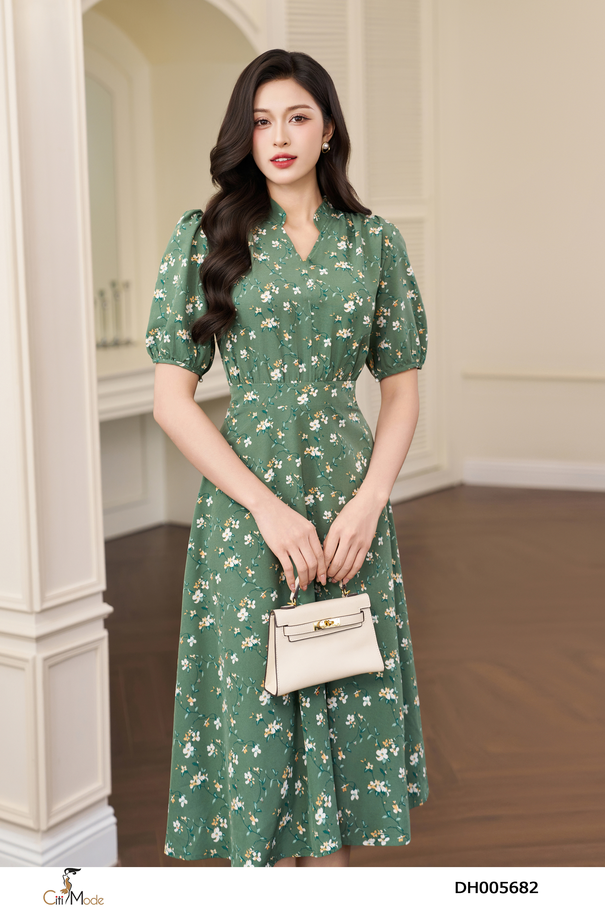 Đầm xòe hoa xanh cổ tàu tay lỡ_thumbnail_2