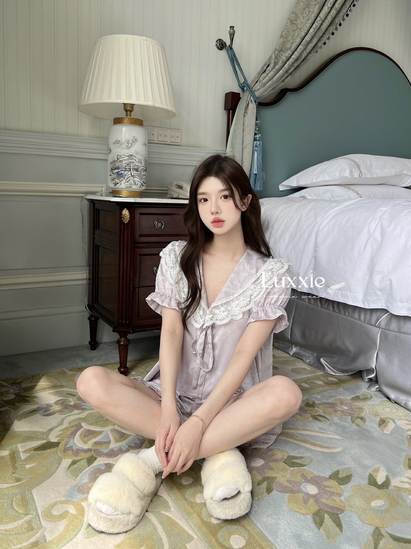 N108C Pijama lụa gấm hoa cổ ren trắng buộc nơ cộc đùi_thumbnail_16