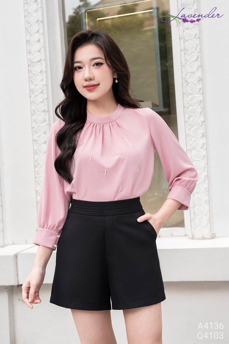 Sơ mi cổ trụ đính đá tay lỡ dài A4136