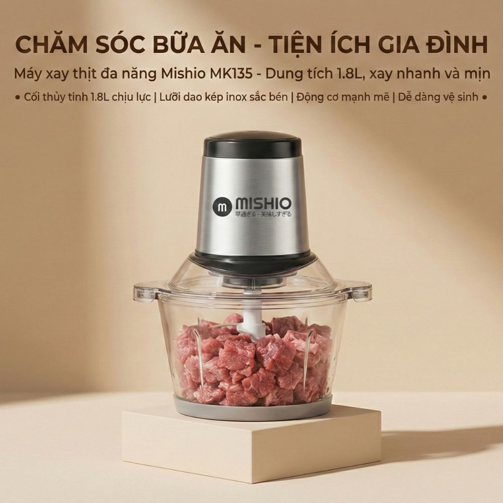 Máy xay thịt đa năng Mishio MK135 1,8L cối thủy tinh, motor đồng nguyên chất