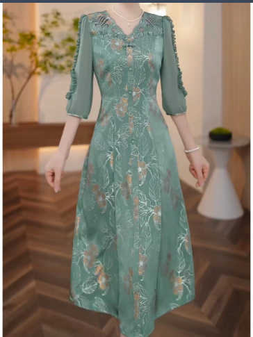 17734-Đầm lụa vân  gấm 3D phối tay voan màu xanh ( lụa , voan)_thumbnail_0