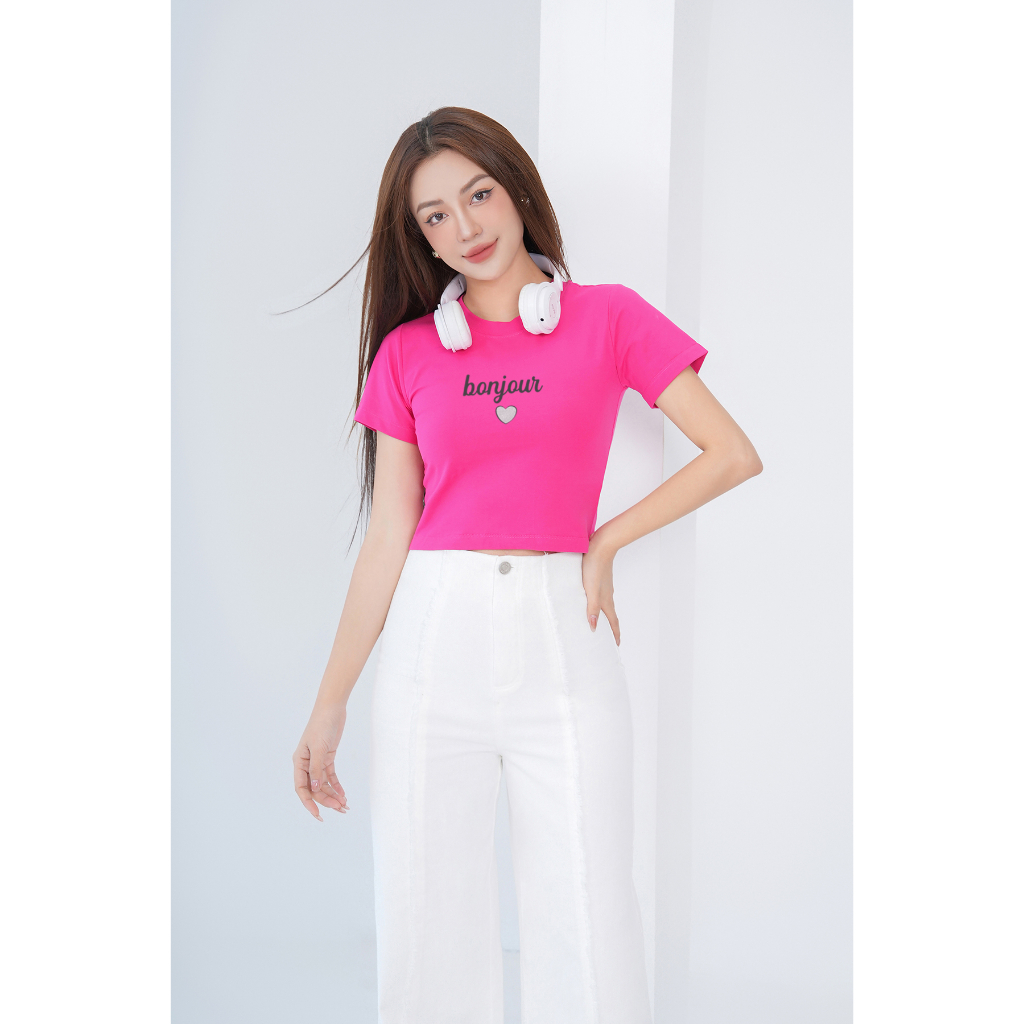 [Form Ôm] Áo croptop nữ ôm body in chữ Bonjour - Áo baby tee - Loza CR6220_thumbnail_3