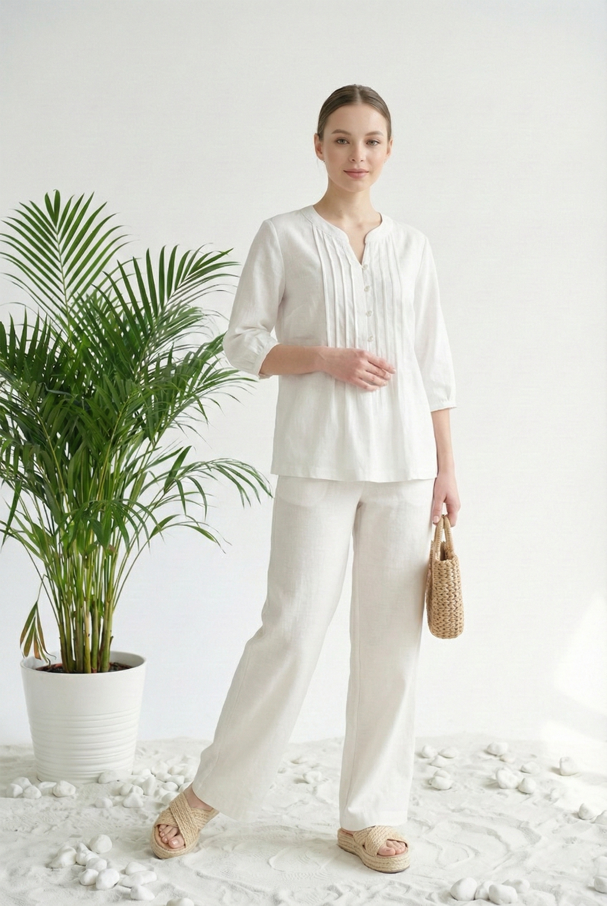 Áo sơ mi tunic vải linen trắng dáng suông cổ tàu cách điệu tay ngắn thiết kế MAZANO