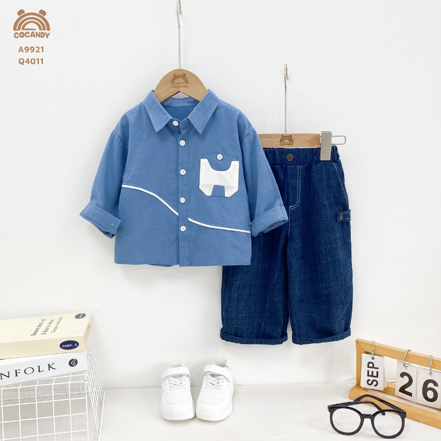 Áo dài XANH sơ mi phối túi ngực be