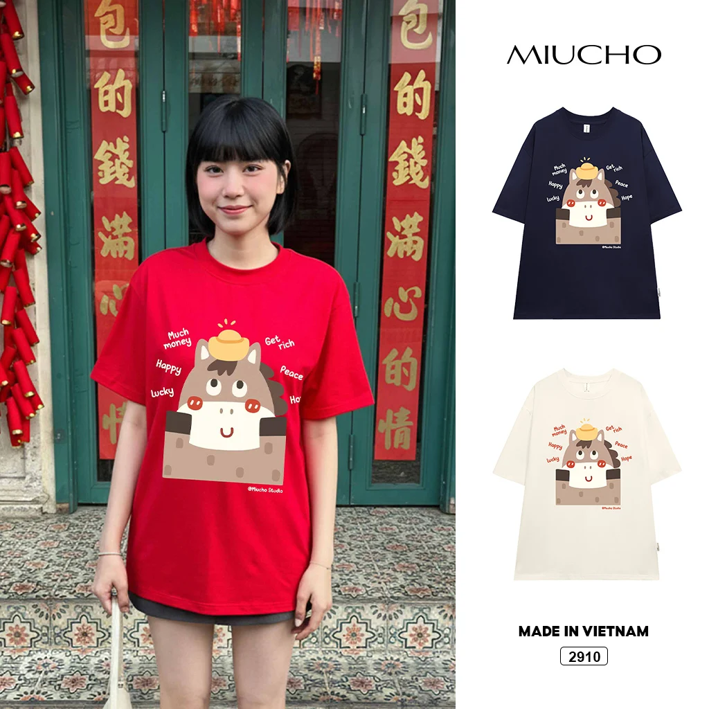 Áo thun form rộng Miucho vải dày dặn thoáng mát tôn dáng chú ngựa ngây ngô in mix 2910