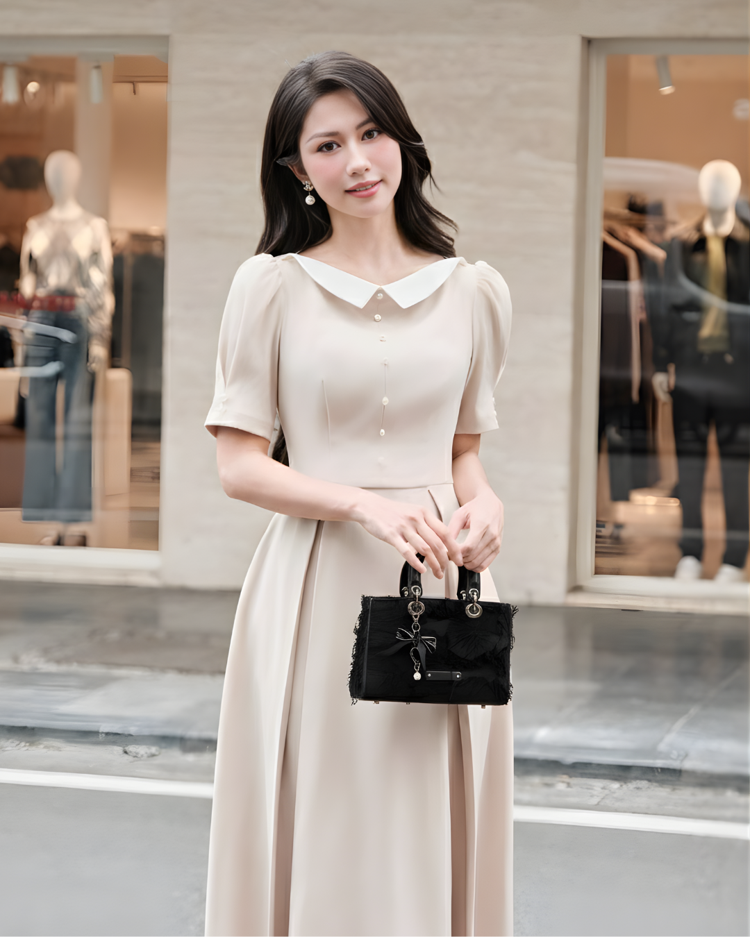 Túi xách đen UHE RISE – tay cầm sang, đeo chéo tiện, nền hoa nổi, charm nơ ngọc trai_thumbnail_4