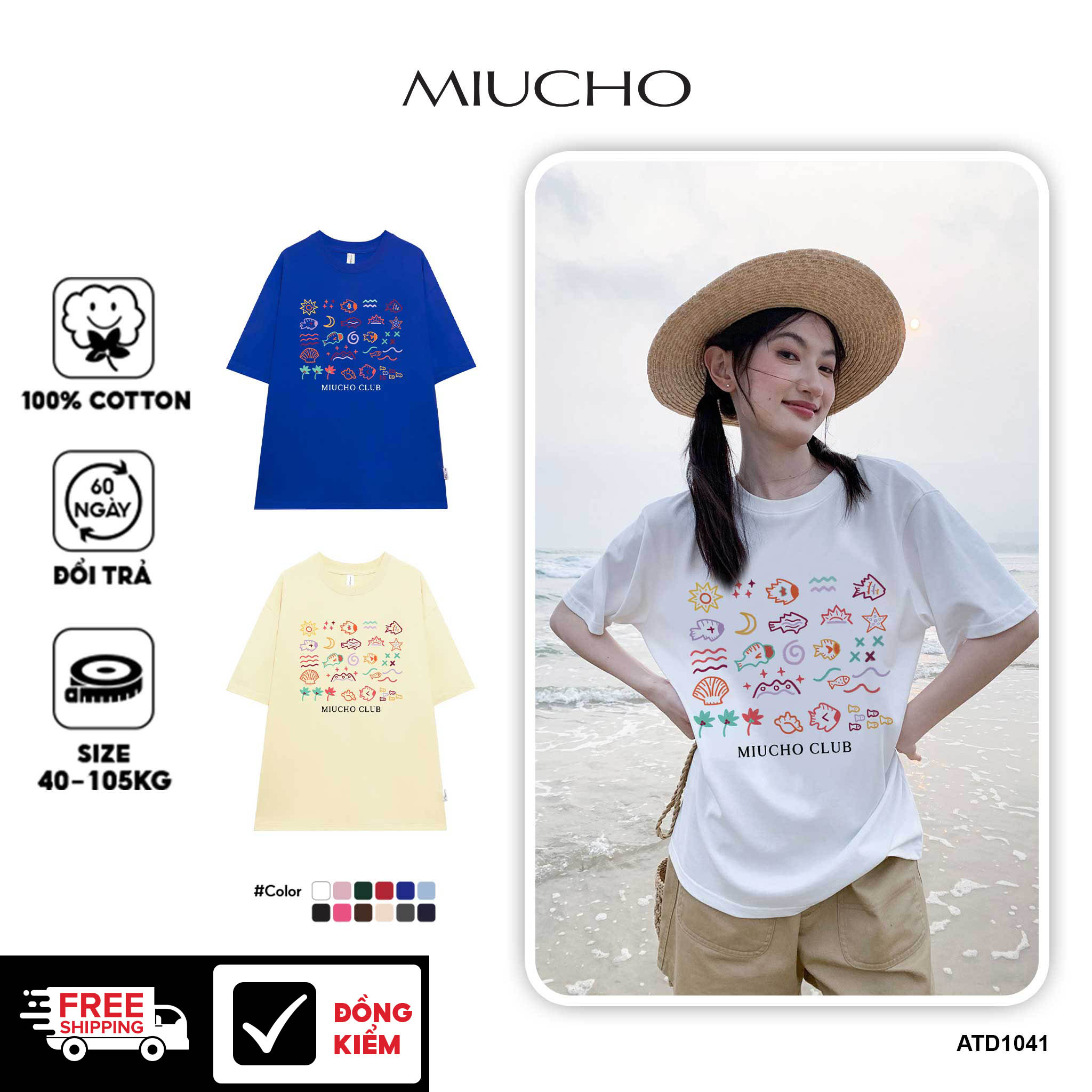 Áo thun form rộng unisex mùa hè ATD1041 Miucho vải cotton tay lỡ cổ tròn in artwork