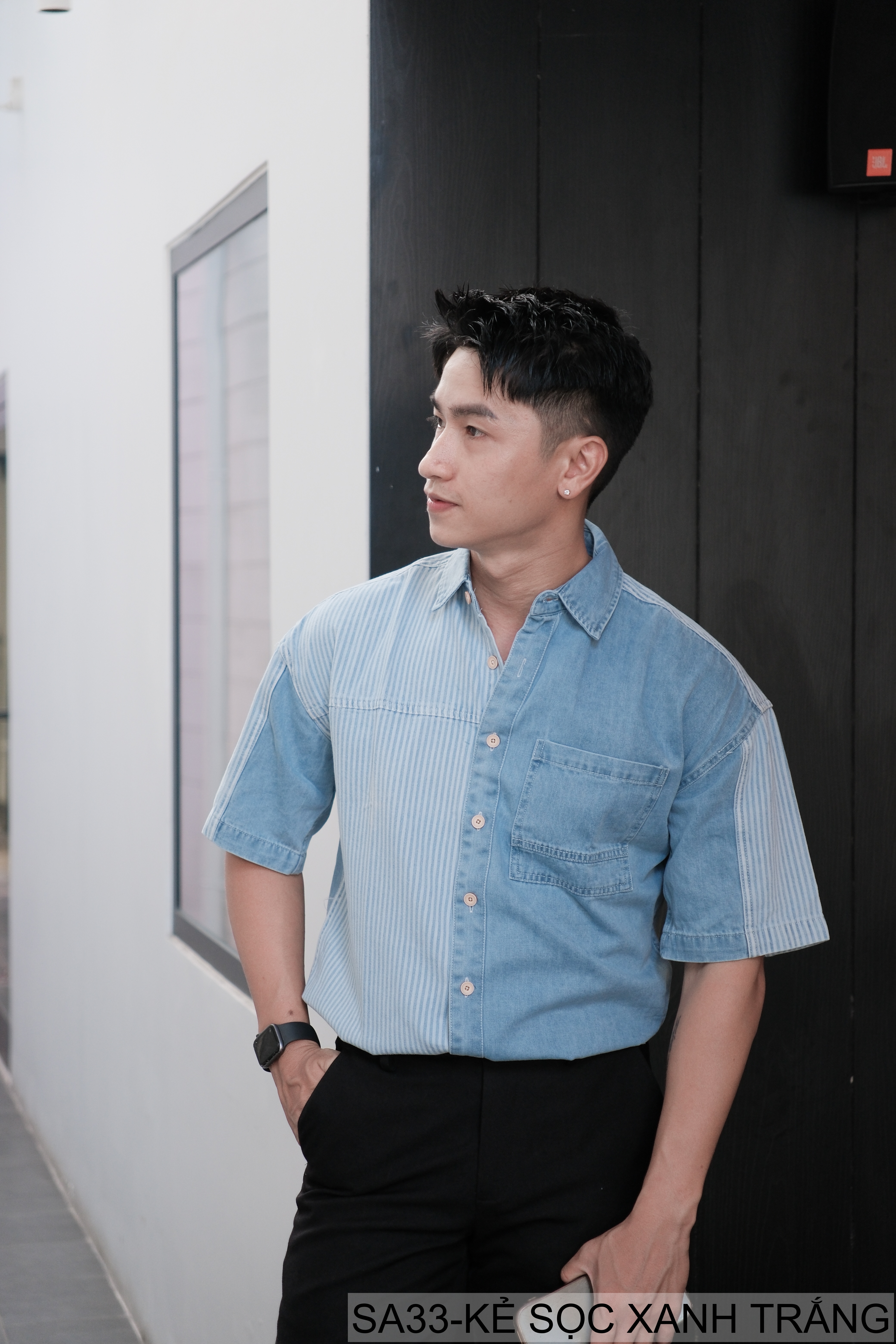 SA33 - Áo sơ mi nam kẻ sọc xanh trắng phong cách Hồng Kông, tay ngắn, chất cotton thoáng mát