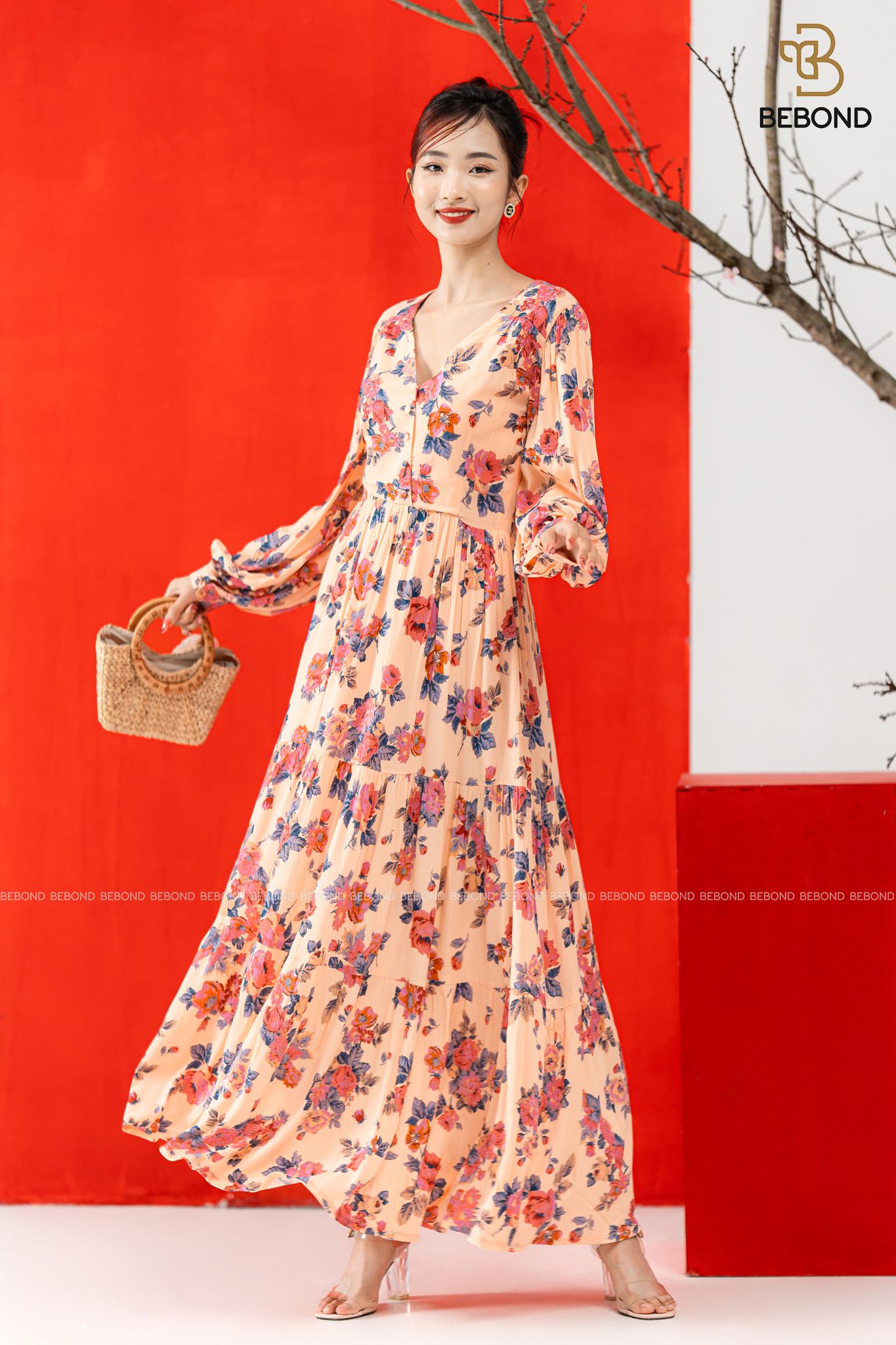 Đầm maxim cổ tim BE HOA HỒNG- Wendy Dress_thumbnail_0