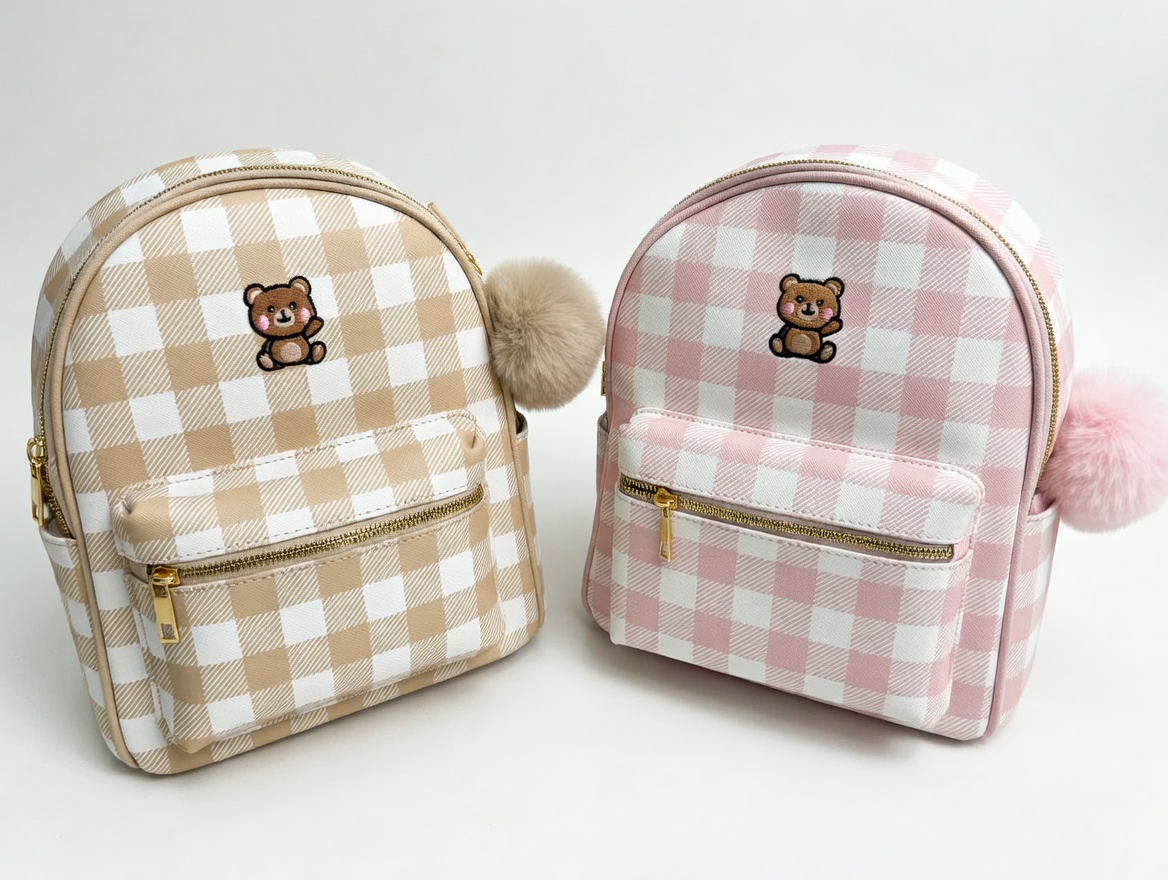 Balo Mini Caro Gấu Dễ Thương – Kèm Charm Lông Xinh Xắn (Be / Hồng)