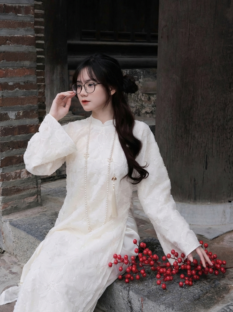 Áo Dài Nữ Trắng Hoa Họa Tiết Dệt Nổi