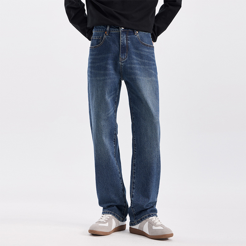 Quần jean xanh cổ điển của Mỹ nam mùa thu đông mới hợp thời trang quần ống rộng dáng ôm vừa vặn giặt hơi loe quần dài