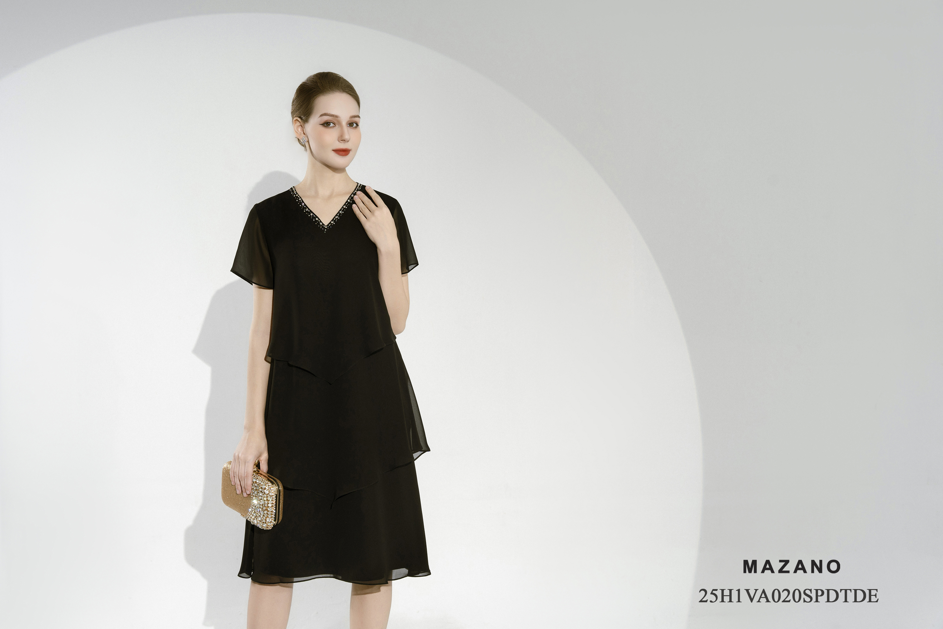 Váy Đầm Suông A layer Vải voan mỏng Đính trang trí Cổ V Tay ngắn Dài váy qua gối_thumbnail_2