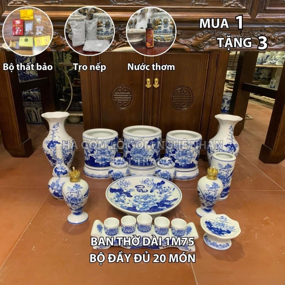 HG273 Đồ Thờ Cúng Bộ 20 món ban thờ 1M75 men trắng nghệ nhân Bát Tràng chế tác TẶNG Thất Bảo, Tro Nếp