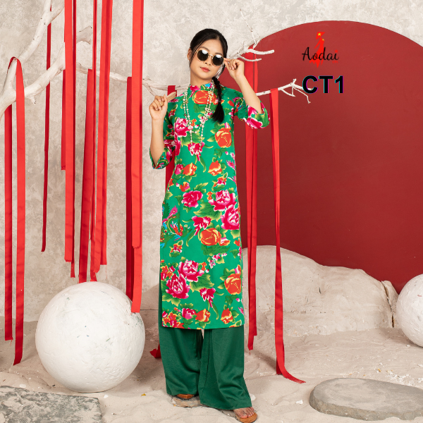 Bộ Cách Tân Chăn Công Màu Xanh Mặc Tết