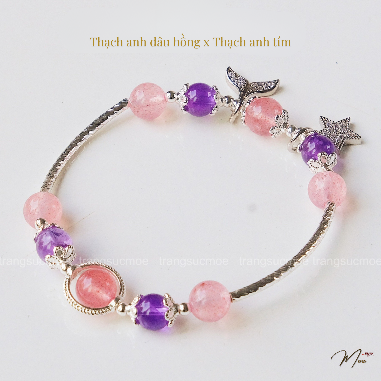 PT208 - Lắc tay đá phong thủy mix charm đuôi đá ngôi sao bạc (theo yêu cầu)