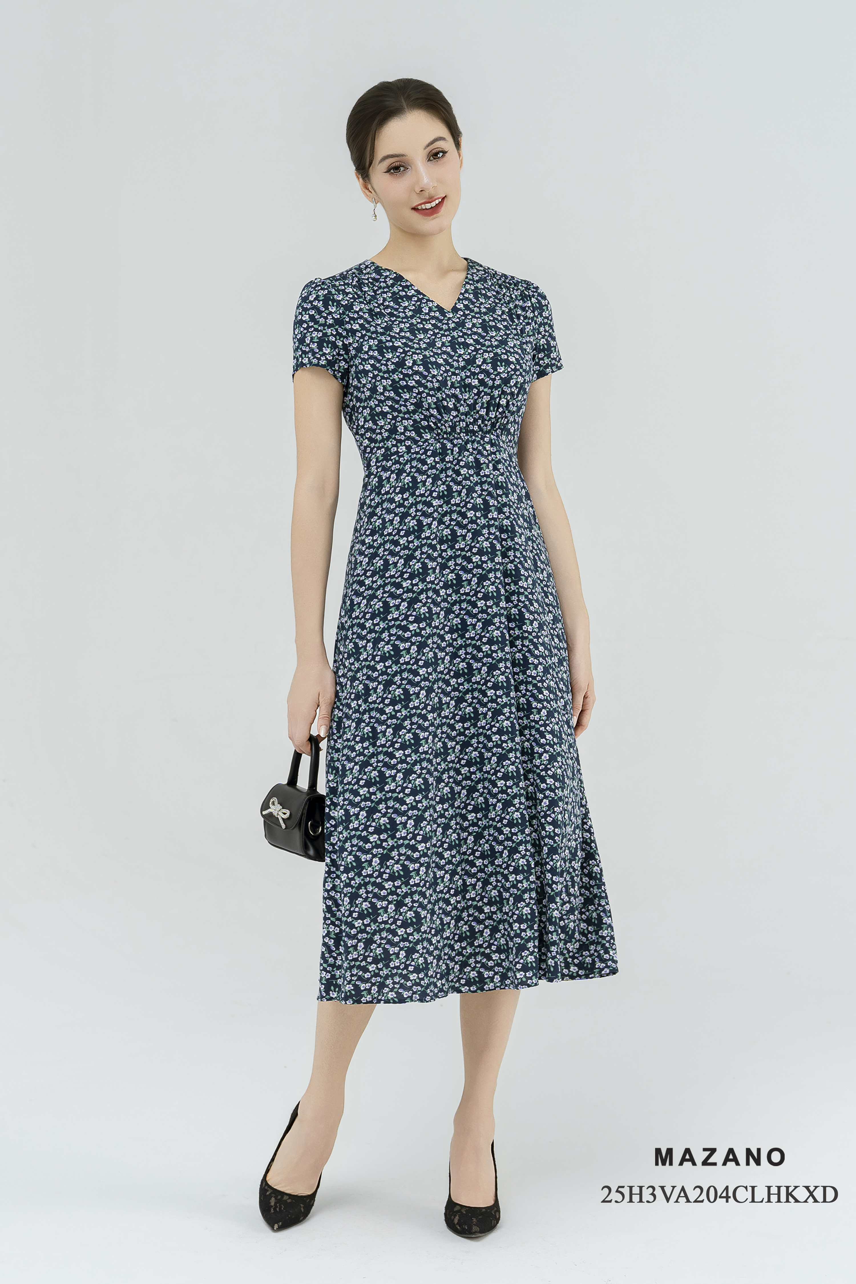 Váy Đầm eo cao thân ôm vừa nhún vai Cổ V tay ngắn Dài qua bắp chân_thumbnail_0