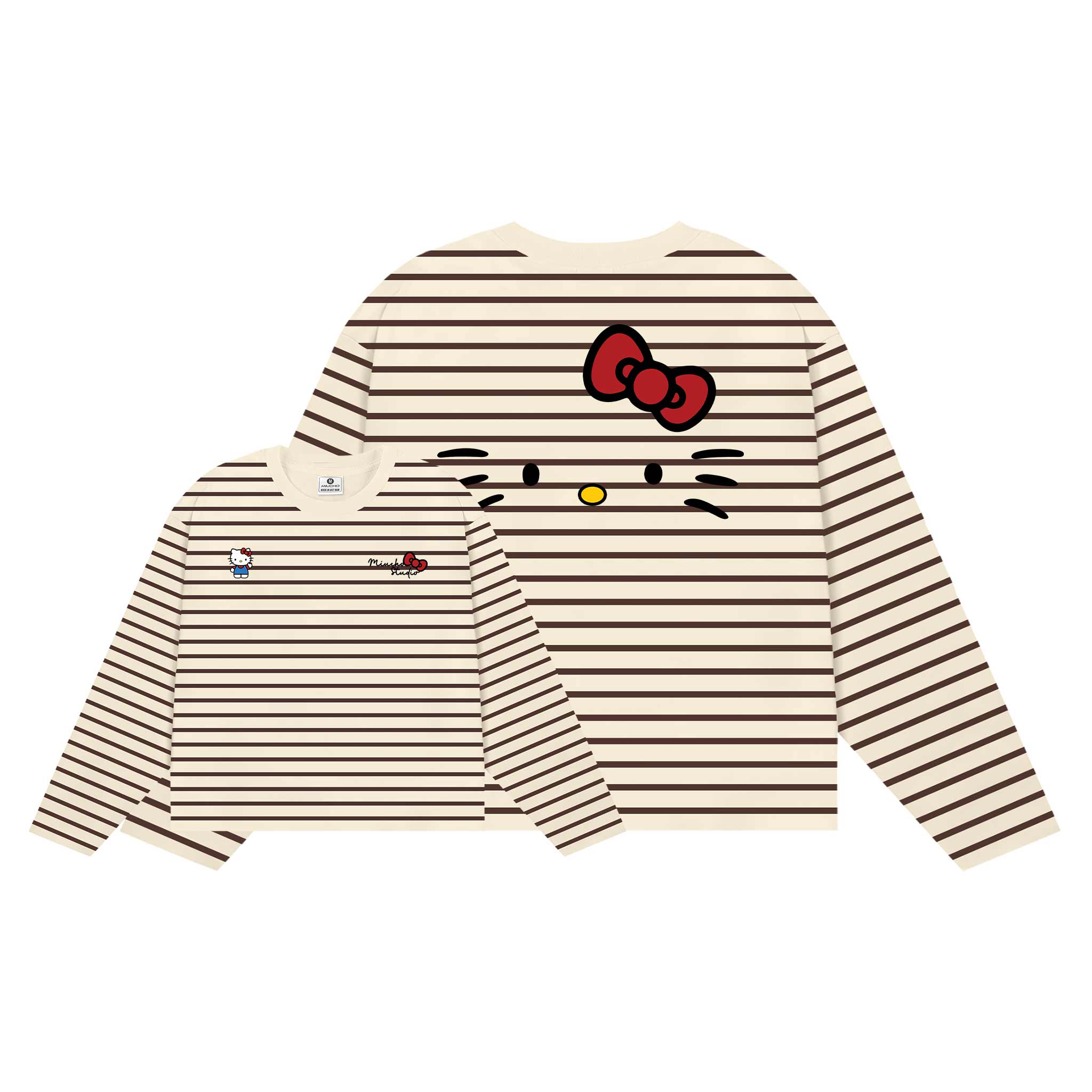 Áo thun boxy tay dài Miucho vải rib thoáng mát mềm mại co giãn tốt cổ tròn kẻ sọc kitty in mix 2691