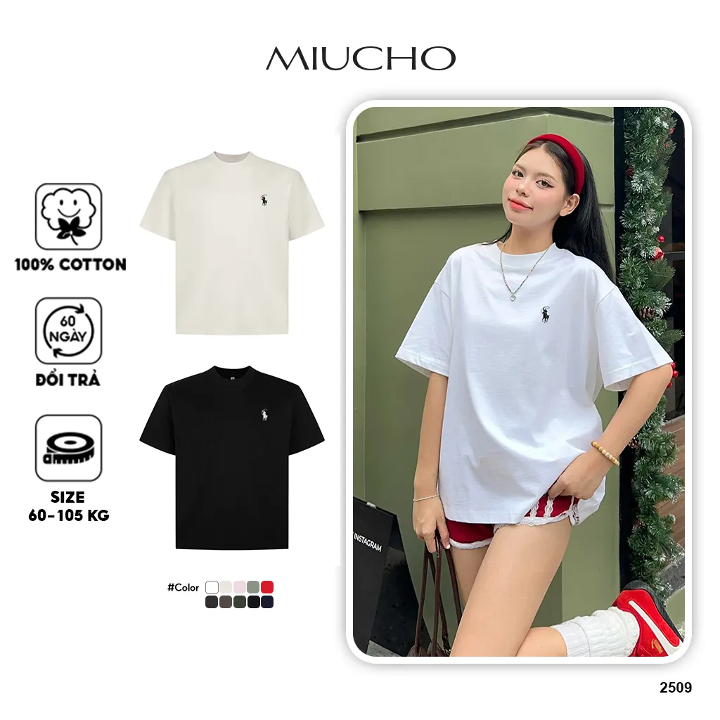 Áo thun boxy basic nhiều màu 2509 Miucho vải cotton co giãn thoáng mát cổ tròn in artwork_thumbnail_1