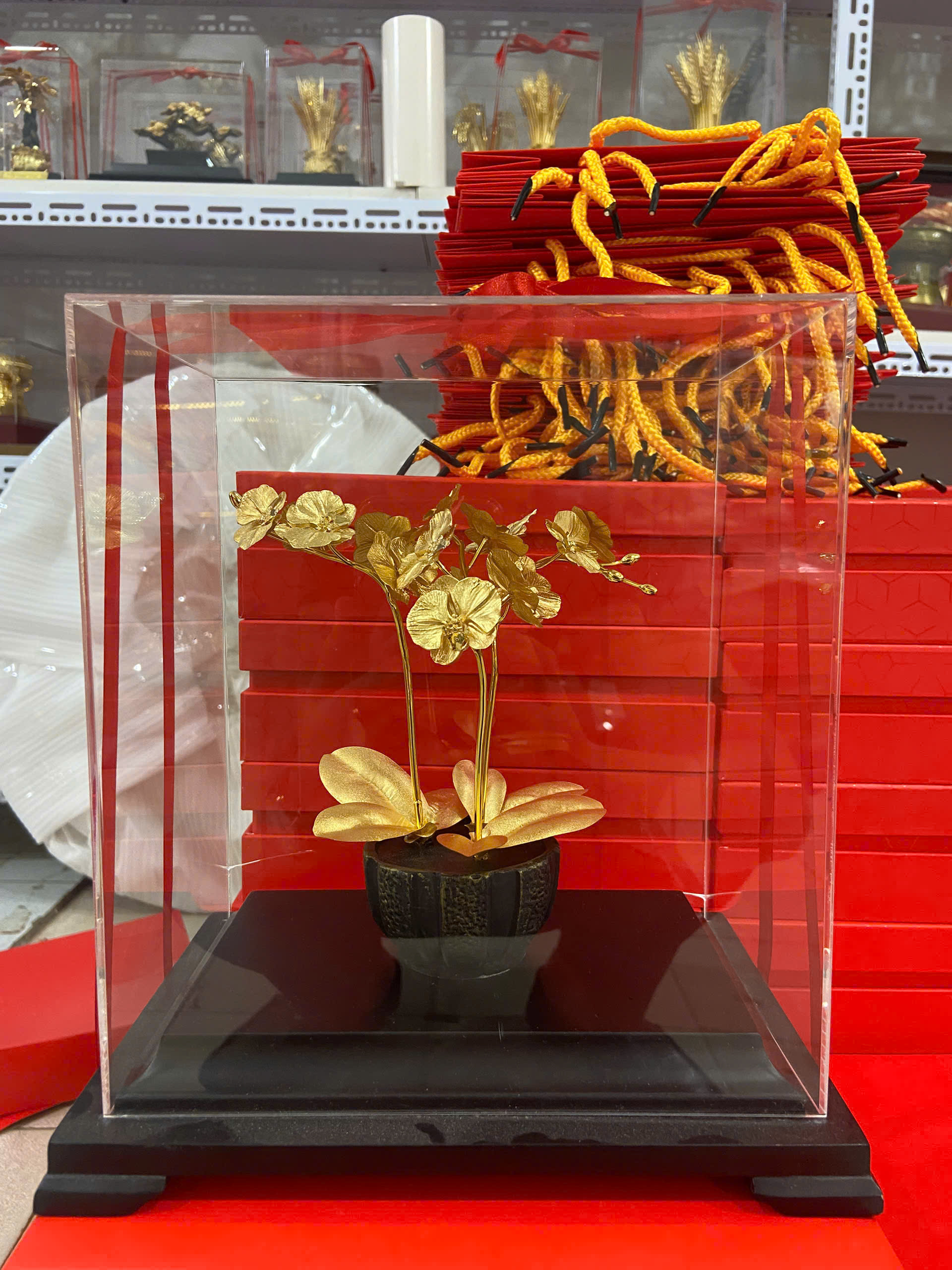 Qùa tặng hoa lan hô điệp dát vàng 24k Kt CAO 22 CM 