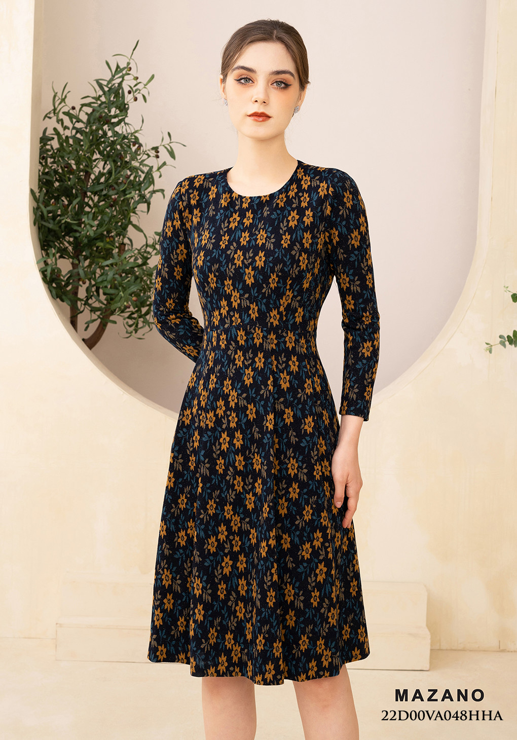 Đầm len họa tiết thân ôm chân rủ xếp ly