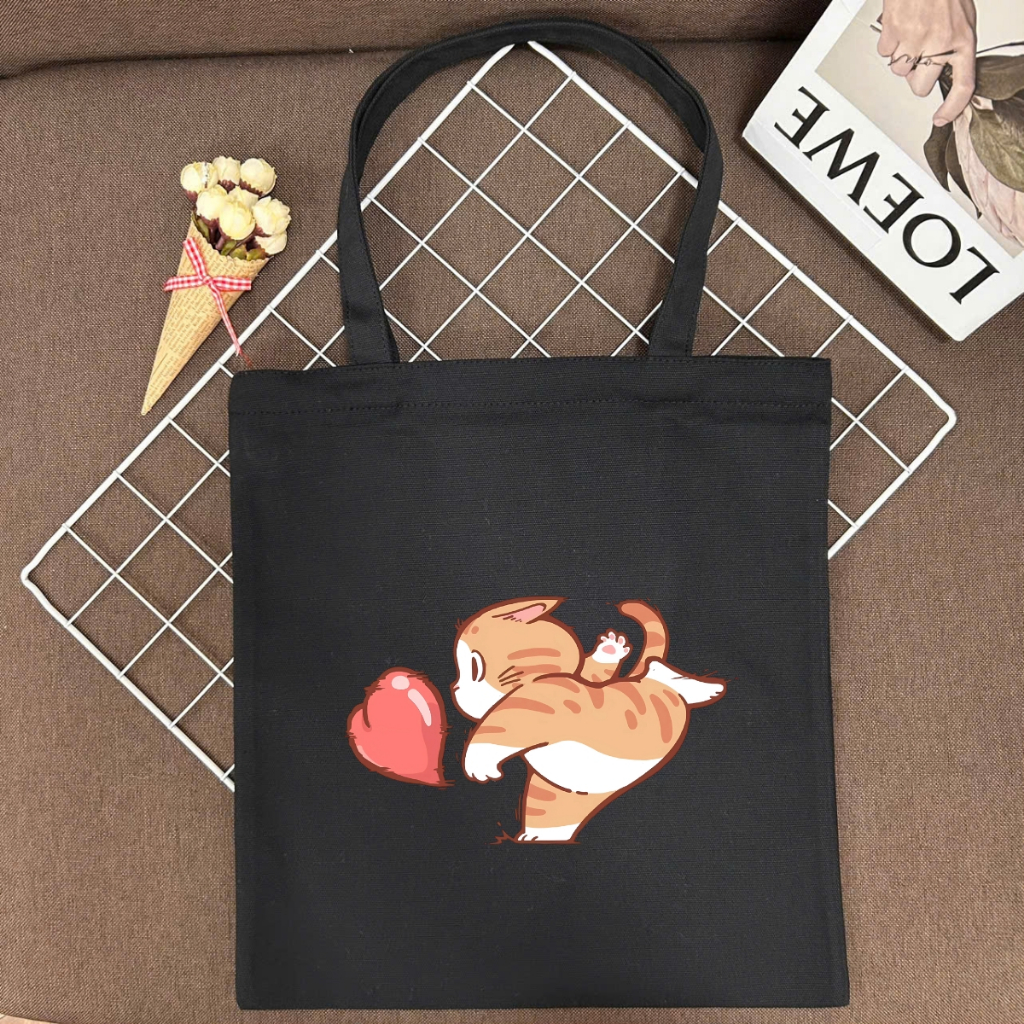 Túi tote vải canvas in hình mèo cute có khoá kéo và ngăn phụ, đi học, đi chơi - TOTE16