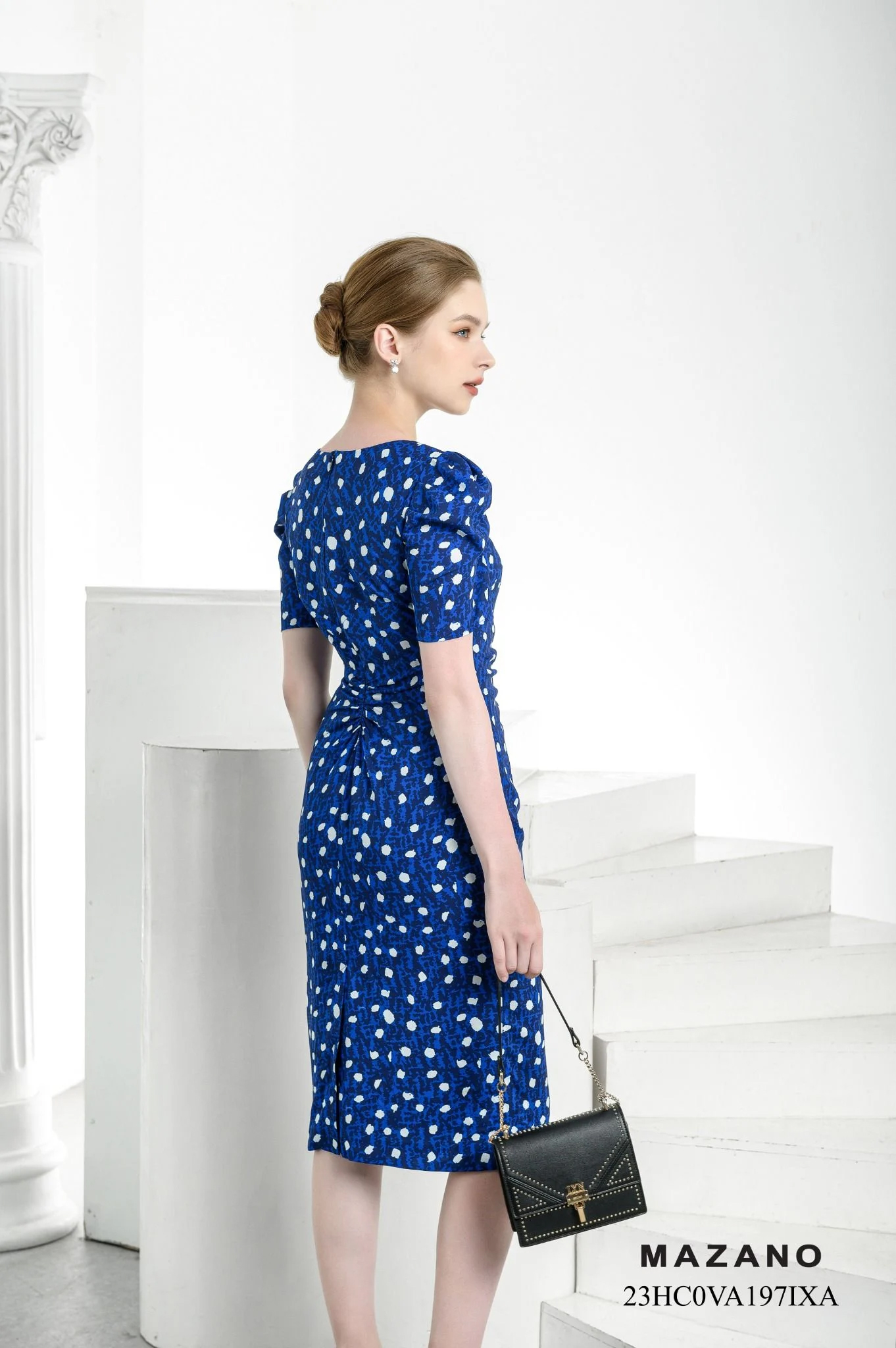 Đầm ôm cổ vuông xanh chấm bi vai bồng_thumbnail_3