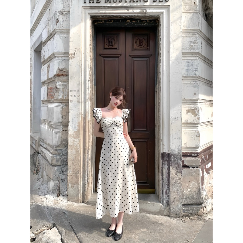 Váy chấm bi dáng dài tay bèo, đầm lụa dài trễ vai hoạ tiết chấm bi phong cách nữa tính Loga store - 172_thumbnail_2