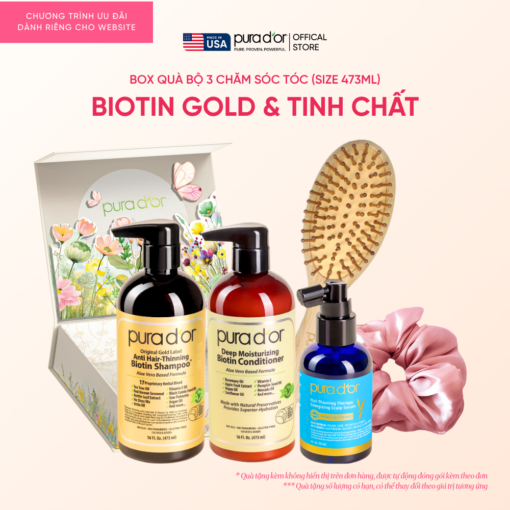 [Hộp quà 20.10] Combo 3 Bước Dầu Gội, Dầu Xả, Giảm Rụng Tóc Organic Pura D'or Biotin Gold Label 473ML | Chăm Sóc Tóc, Chăm Sóc Da Đầu, Dưỡng Tóc, Hỗ Trợ Mọc Tóc - Mega Livestream - Combo 3 bước 473ml