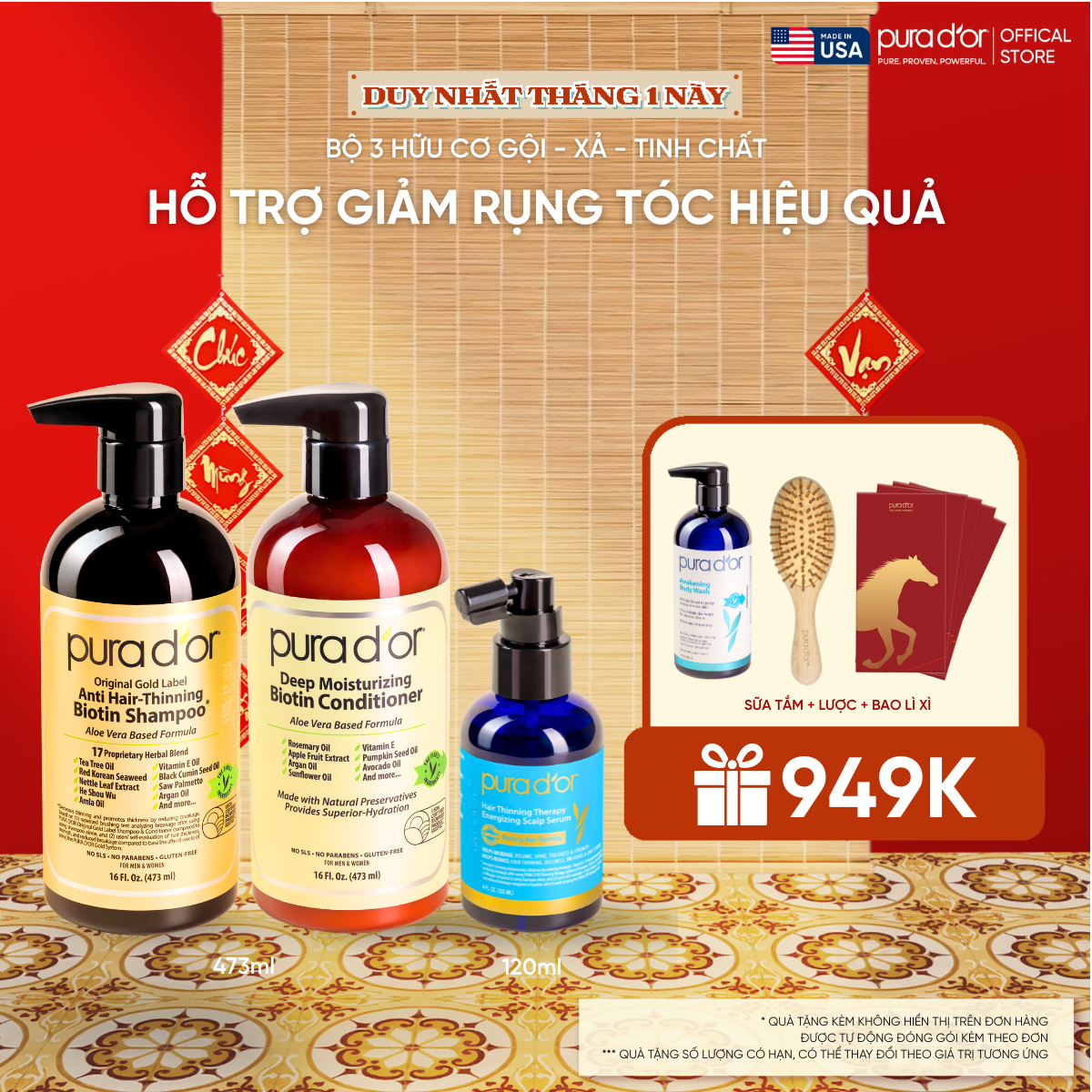 Combo 3 Bước Dầu Gội, Dầu Xả, Giảm Rụng Tóc Organic Pura D'or Biotin Gold Label 473ML | Chăm Sóc Tóc, Chăm Sóc Da Đầu, Dưỡng Tóc, Hỗ Trợ Mọc Tóc - Mega Livestream - Combo 3 bước 473ml