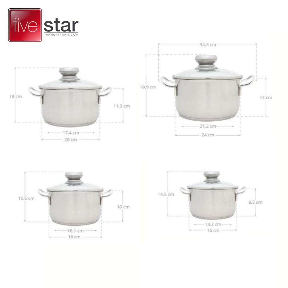 Bộ 4 nồi Inox 3 đáy Fivestar thân Cool FSB4007 nắp kính, bảo hành 5 năm