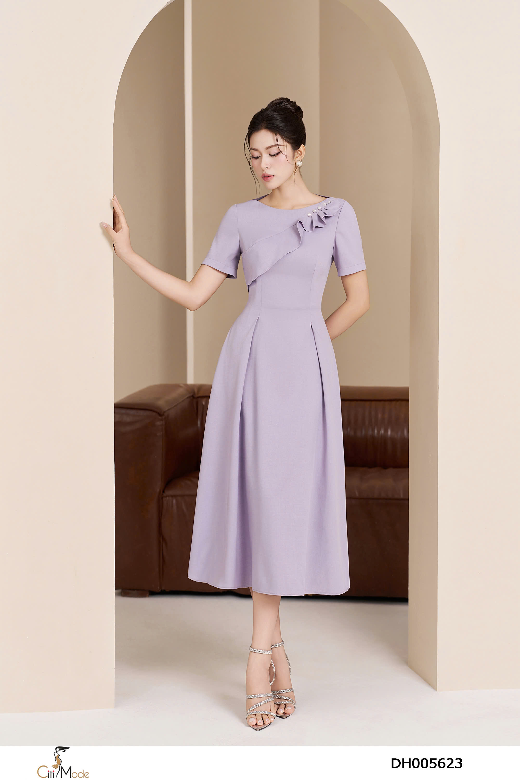 Đầm xòe tím bèo ngực cổ thuyền tay cọc_thumbnail_3