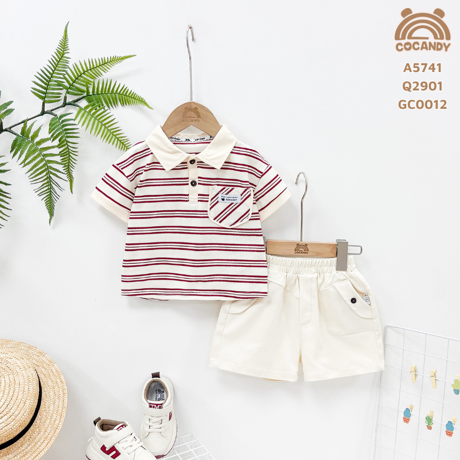 Áo cộc BE kẻ ĐỎ túi ngực COCANDY