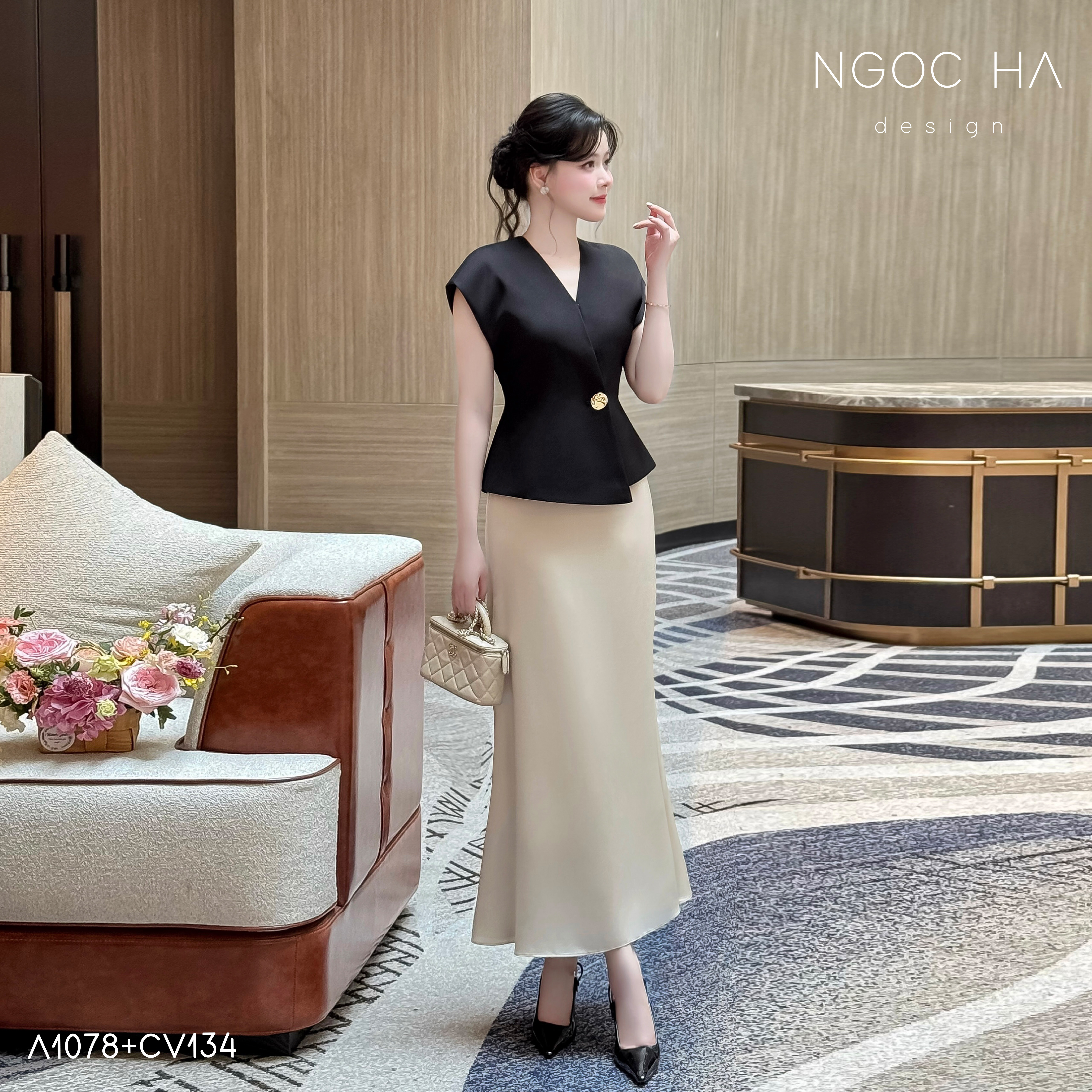 Diva Set_ Áo Rớt Vai Cổ V, Chân Váy Lụa Đuôi Cá A1078+CV134