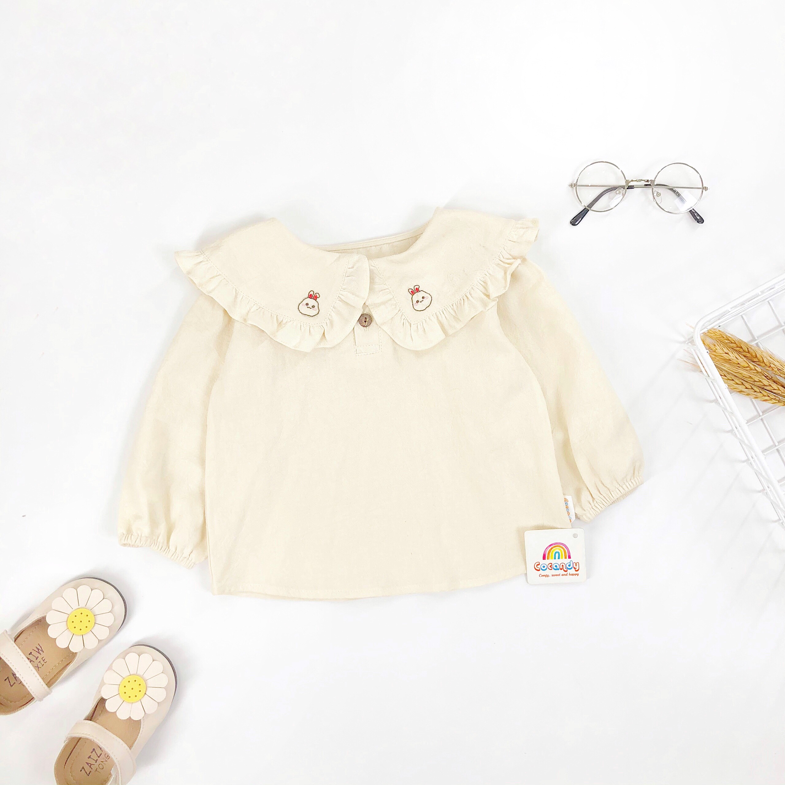 Áo BE cổ bèo thêu thỏ dài tay_thumbnail_0