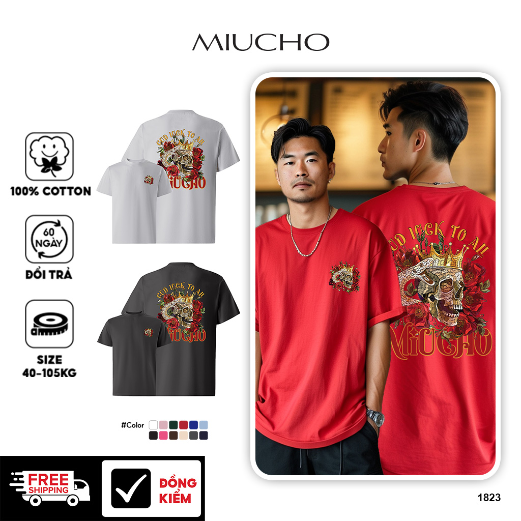 Áo phông tết form rộng cổ tròn vải cotton 4c co giãn thoáng mát 1823 Miucho Iconic in graphic_thumbnail_1
