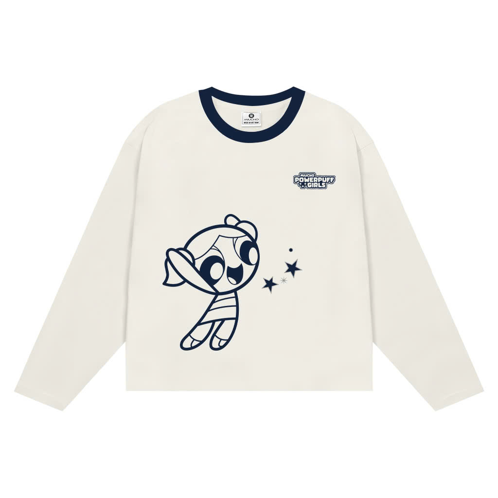Áo thun boxy tay dài Miucho chất vải thoáng mát giữ form Powerpuff Girl phối cổ mix màu xanh đen 2815_thumbnail_0